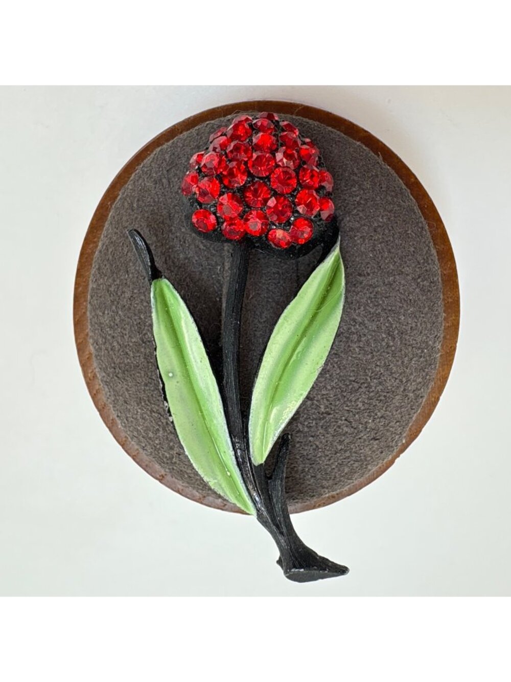 Jonette Jewelry Black Metal Green Enamel Red Crystal Cherry Berry Brooch 2" Long